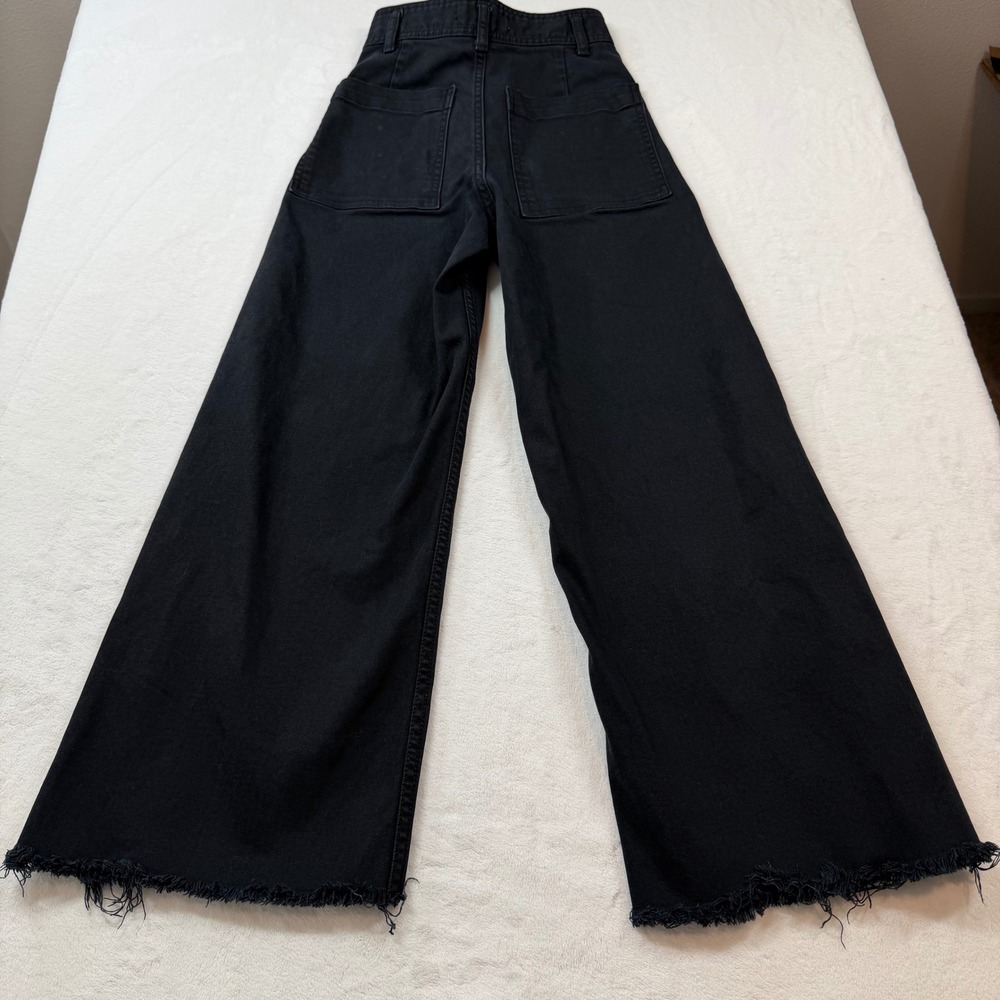 Zara Wide Leg Jeans Womens 0 Black Good High Waisted Raw Hem Frayed Denim - Picture 7 of 12